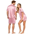 thumbnail image 4 of Couples Matching Pajamas Sets Women Satin Short Sleeve Sleepwear Button Down Casual Wear Pjs Set Baggy Soft Nightwear, 4 of 6