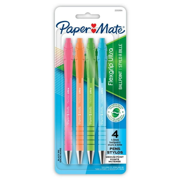 Paper Mate FlexGrip Ultra Ballpoint Pens, Made from Recycled Plastic Materials, Assorted Barrel Colours, Medium Point (1.0mm), Black, 4 Count, FlexGrip