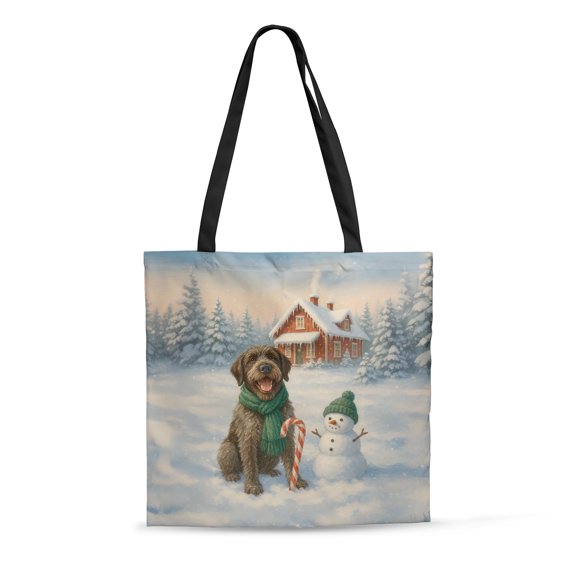 Hello Winter Vintage Wirehaired Pointing Griffon Enjoys Snowy Day with Snowman All Over Print 3D Canvas Tote Bag Dog Lover Reusable Handbag - 12019