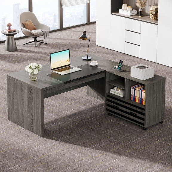 62.2" Executive Desk with Mobile File Cabinet, L-Shaped Office Desk with Storage Shelves, Gray