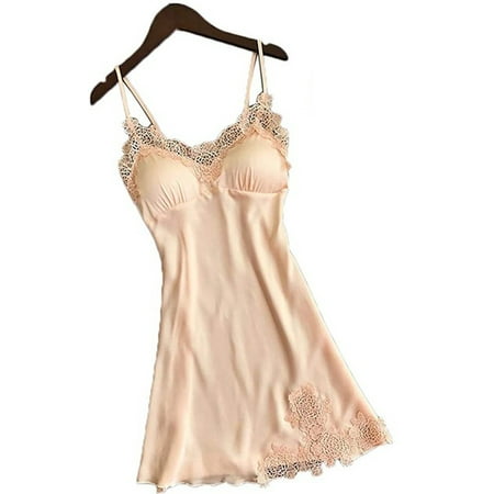 Coduop Women Silk Satin Sleepwear Dress Babydoll Lace Sleepwear V-Neck Mini Skirt