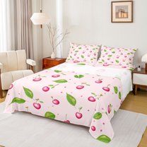 Homewish Kawaii Pink Cherry Queen Sheet Sets for Kids, Cute Cartoon Fruit Flat Sheet, Princess Style Queen Fitted Sheet, Breathable Home Decor, 4 Pieces