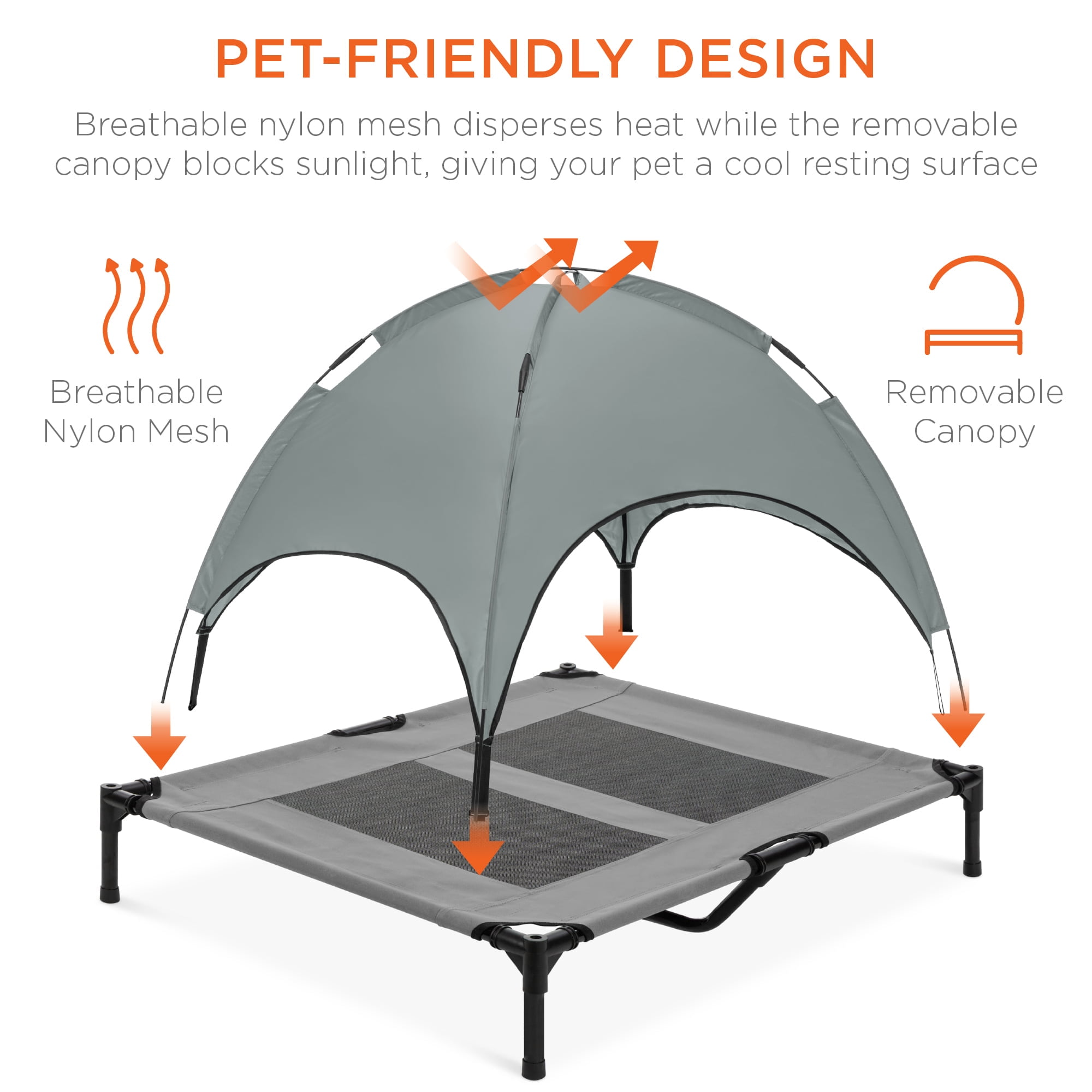 Best Choice Products 36in Outdoor Raised Mesh Cot Cooling Dog Pet Bed w/ Removable Canopy, Travel Bag - Gray