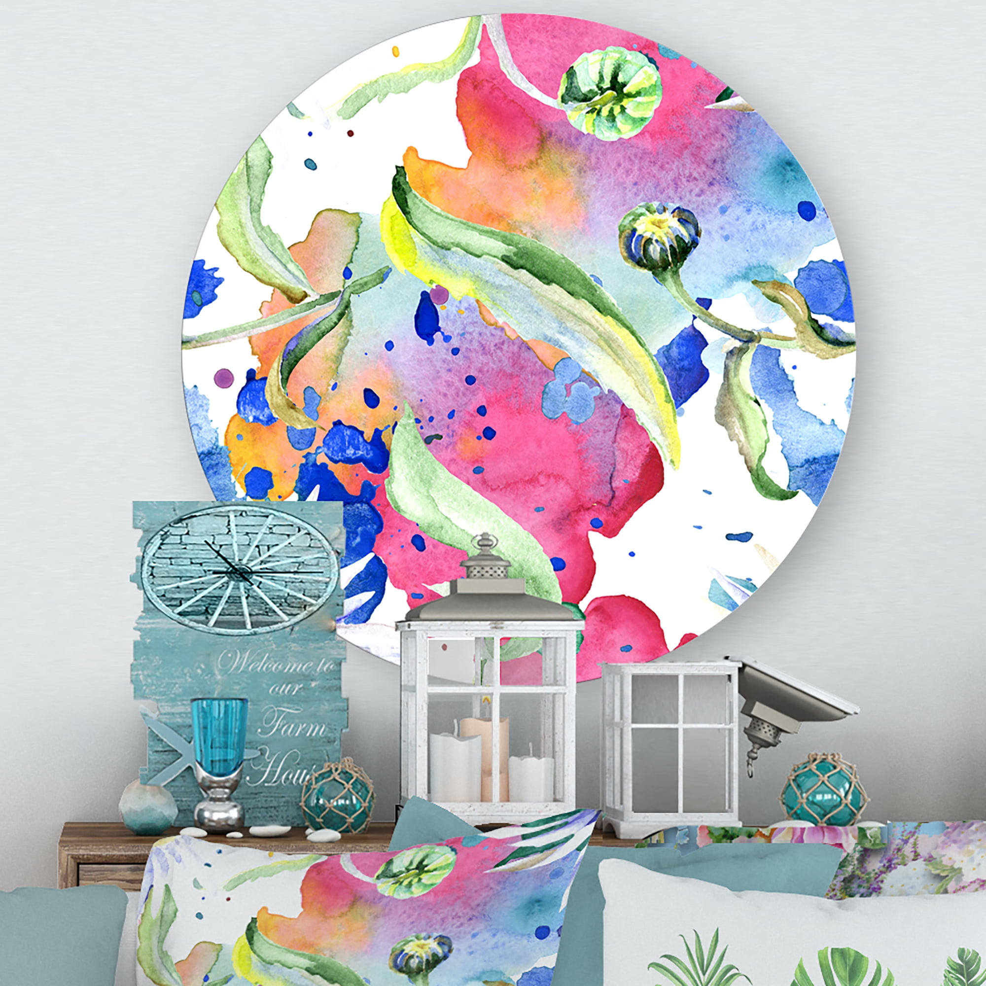 Designart 'Iridiscent Colorful Daisy Flowers' Transitional Circle Metal Wall Art 23x23 - Disc of 23