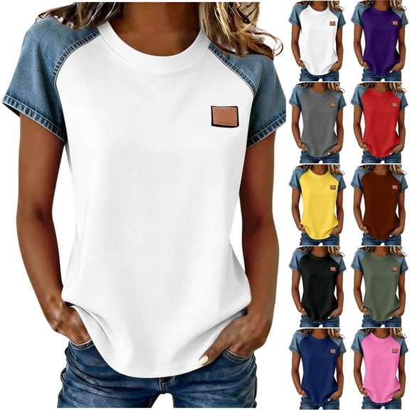 Going Out Tops for Women Casual Crew Neck Short Sleeve Shirts Block Color Dressy Blouses Summer Clothes