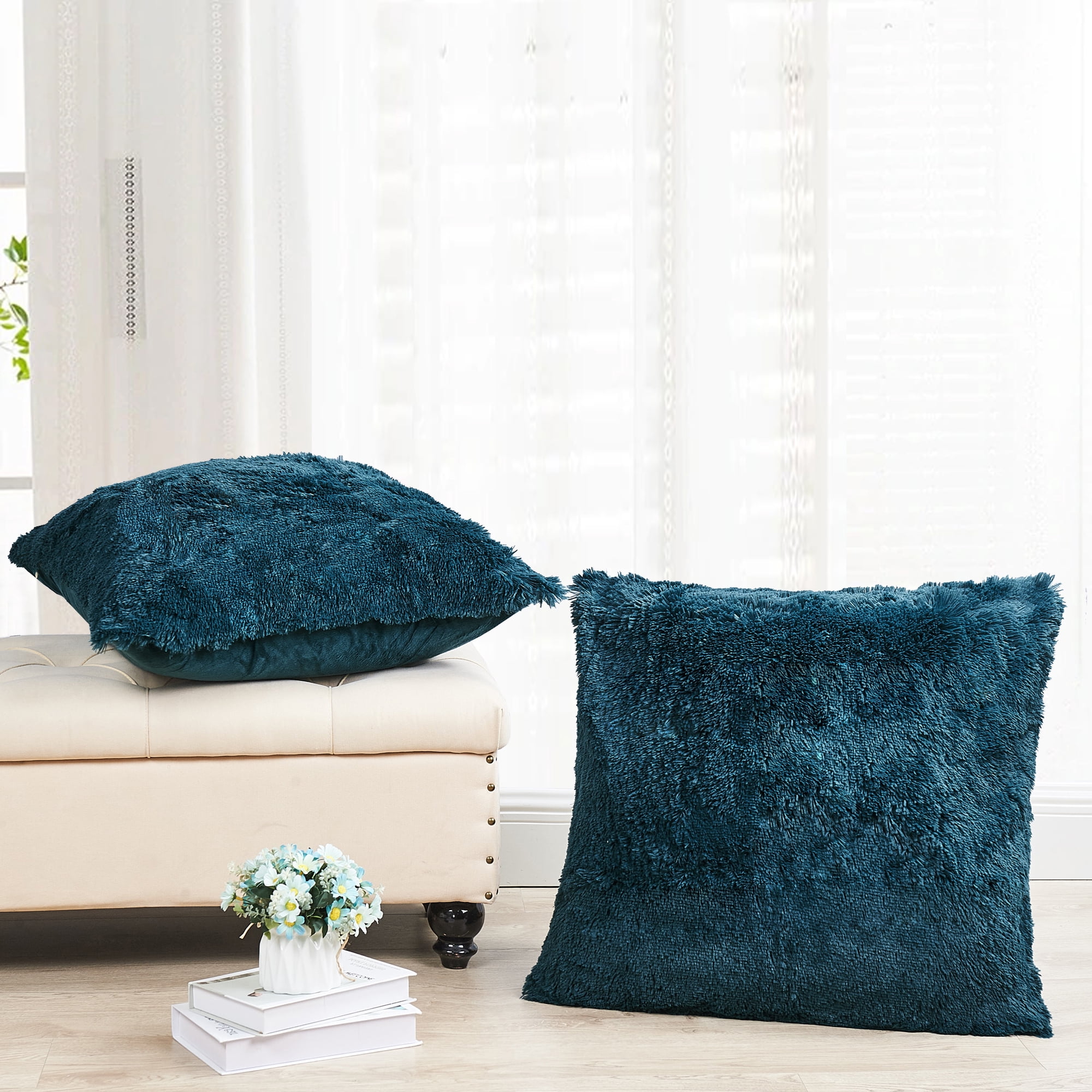 Home Soft Things Luxury Shaggy Faux Fur Throw Pillow Cases, Ultra Soft Plush Pillow Covers Fluffy Decorative Cushion Covers, No Pillow Insert, Set of 2, Teal, 26x26 Inch