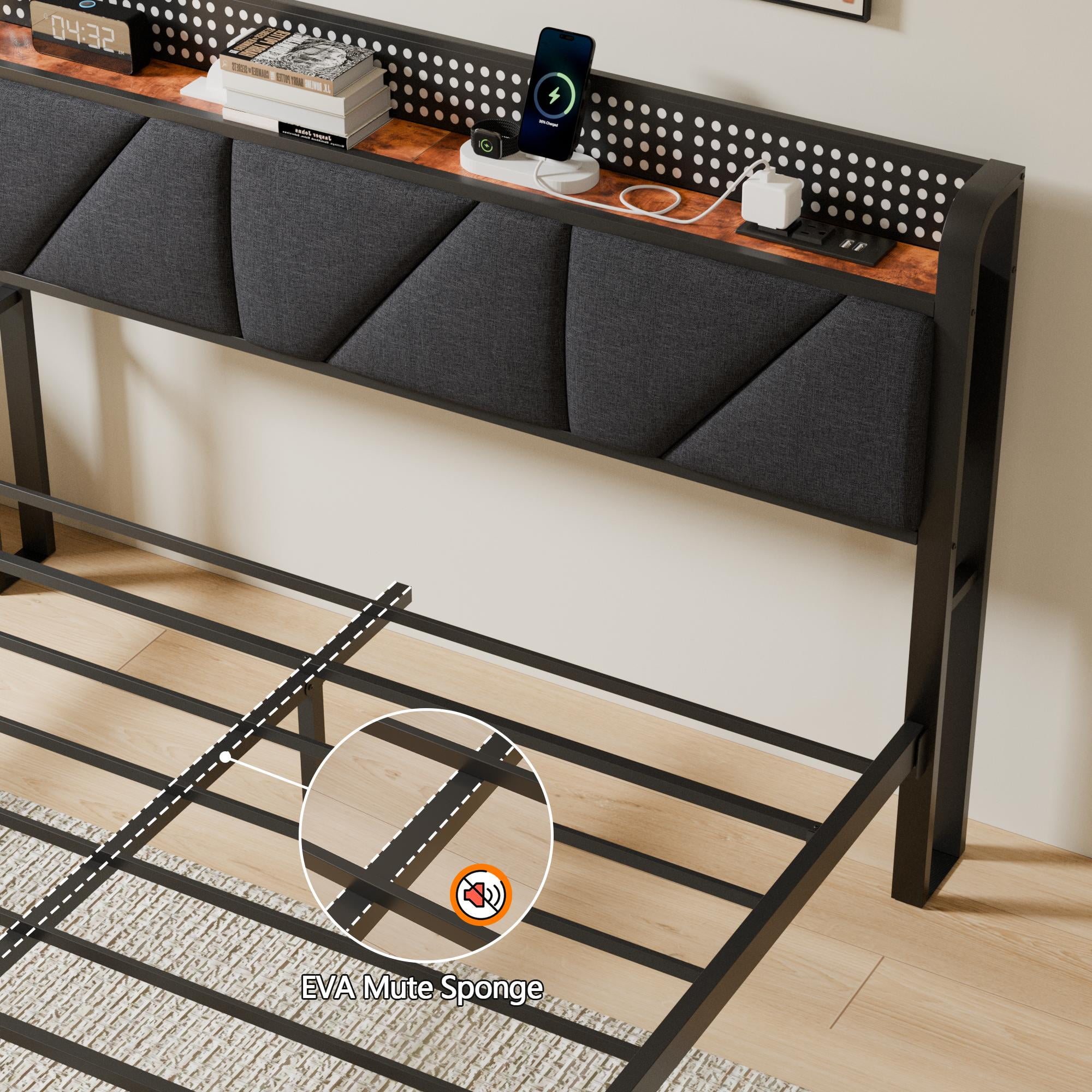 BYT Full Bed Frame with Upholstered Storage Headboard, Metal Platform Bed Station with Charging Station & LED, Noise-Free, No Box Spring Needed