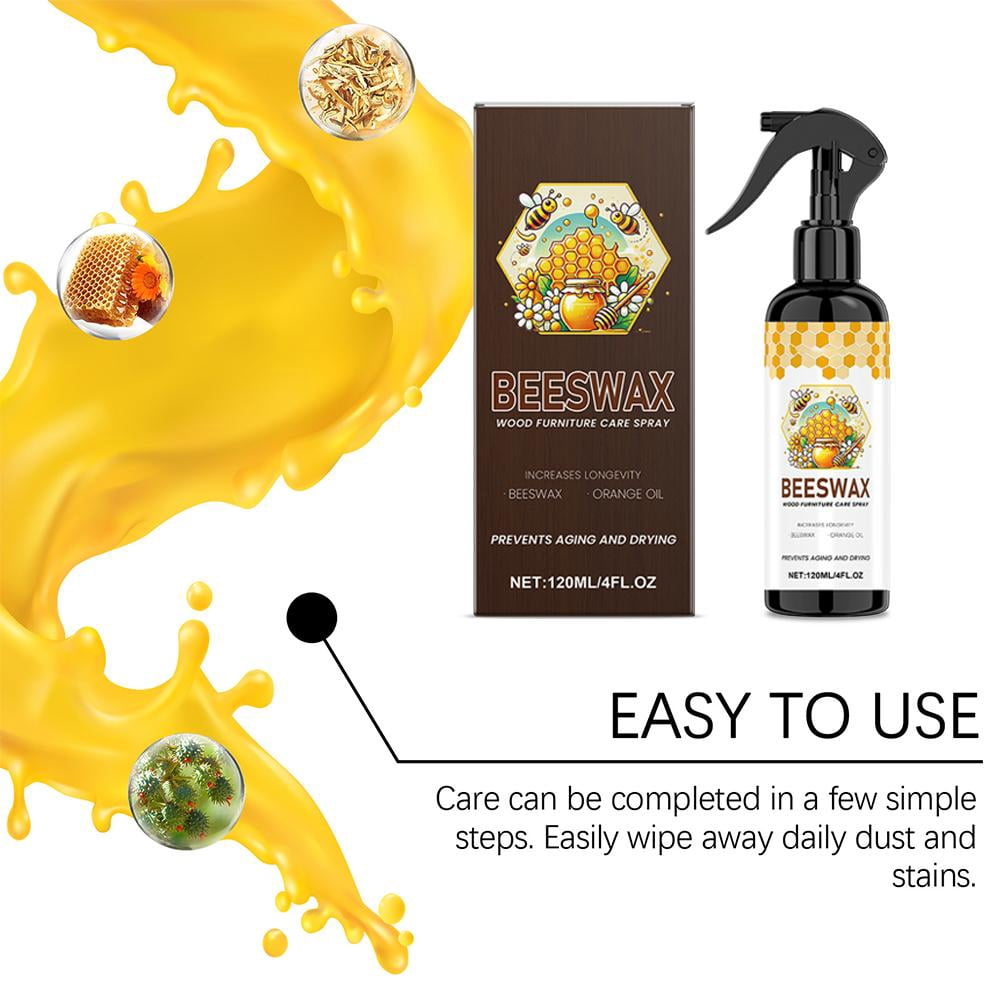 3pcs Beeswax Wood Furniture Polish Spray with Orange Oil, 120ml Cleaner Kit with Sponge & Towel, Wood Care for Tables Cabinets Living Room