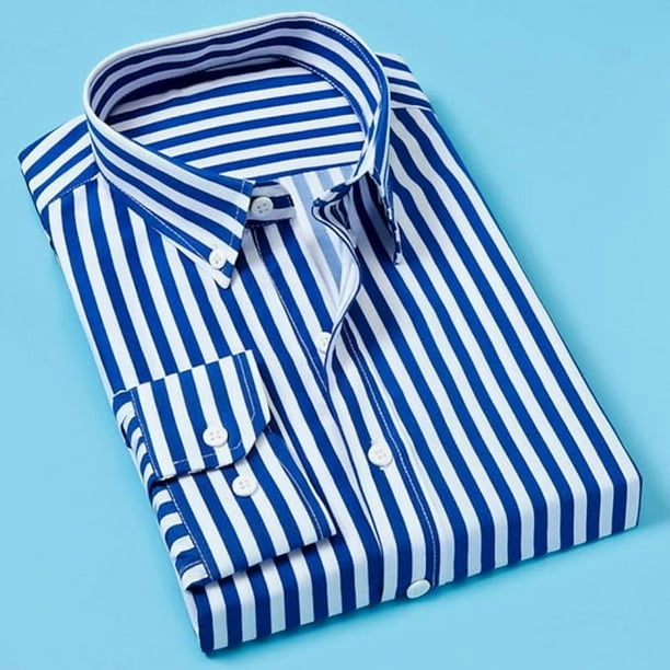 Camisa clásica a rayas para hombre, con bolsillo en el pecho y rayas verticales, de otoño, de manga larga, formal, azul, para negocios, de gran tamaño.