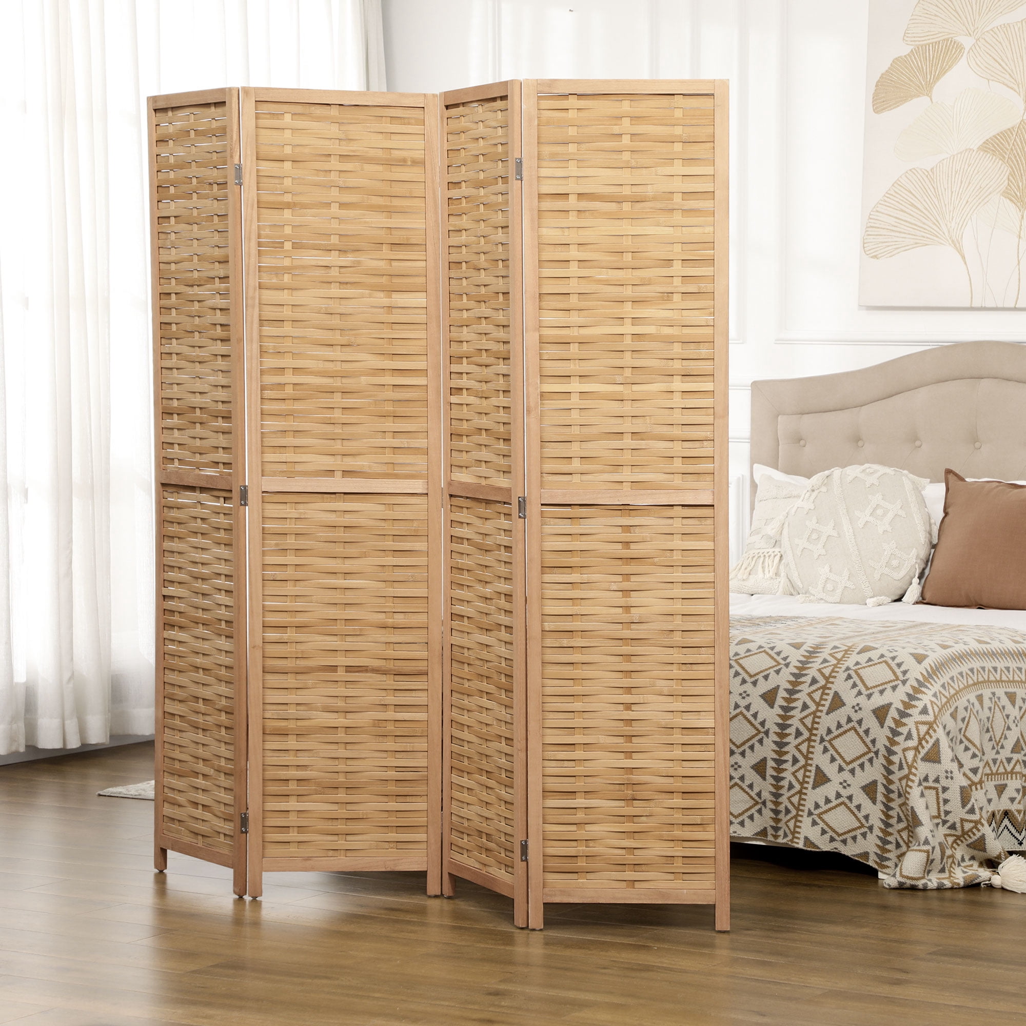 Homcom 4 Panel Room Divider,5.5' Tall Bamboo Portable Folding Privacy Screens,Hand-Woven Double Side Partition Wall Dividers for Home Office,Natural,Natural Wood Bamboo Household Supplies Décor