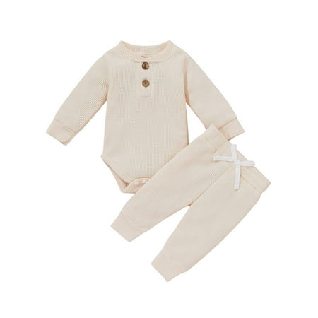 

PBaeM Baby Newborn Unisex Wafer Cloth Long Sleeve Romper Playsuit Pants 2 Piece Outfit Sets
