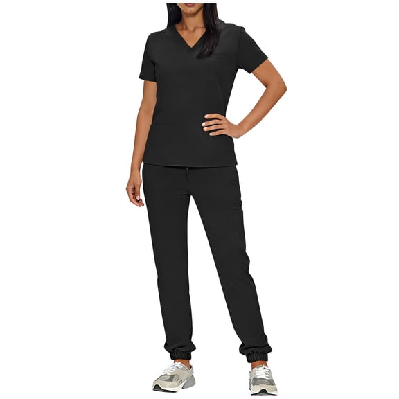 Afelkas Women's Scrub Set V-Neck Top and Jogger Pants Uniform 2 Piece Outfit Soft Stretch Workwear Medical Nursing Suit Pockets Black,S