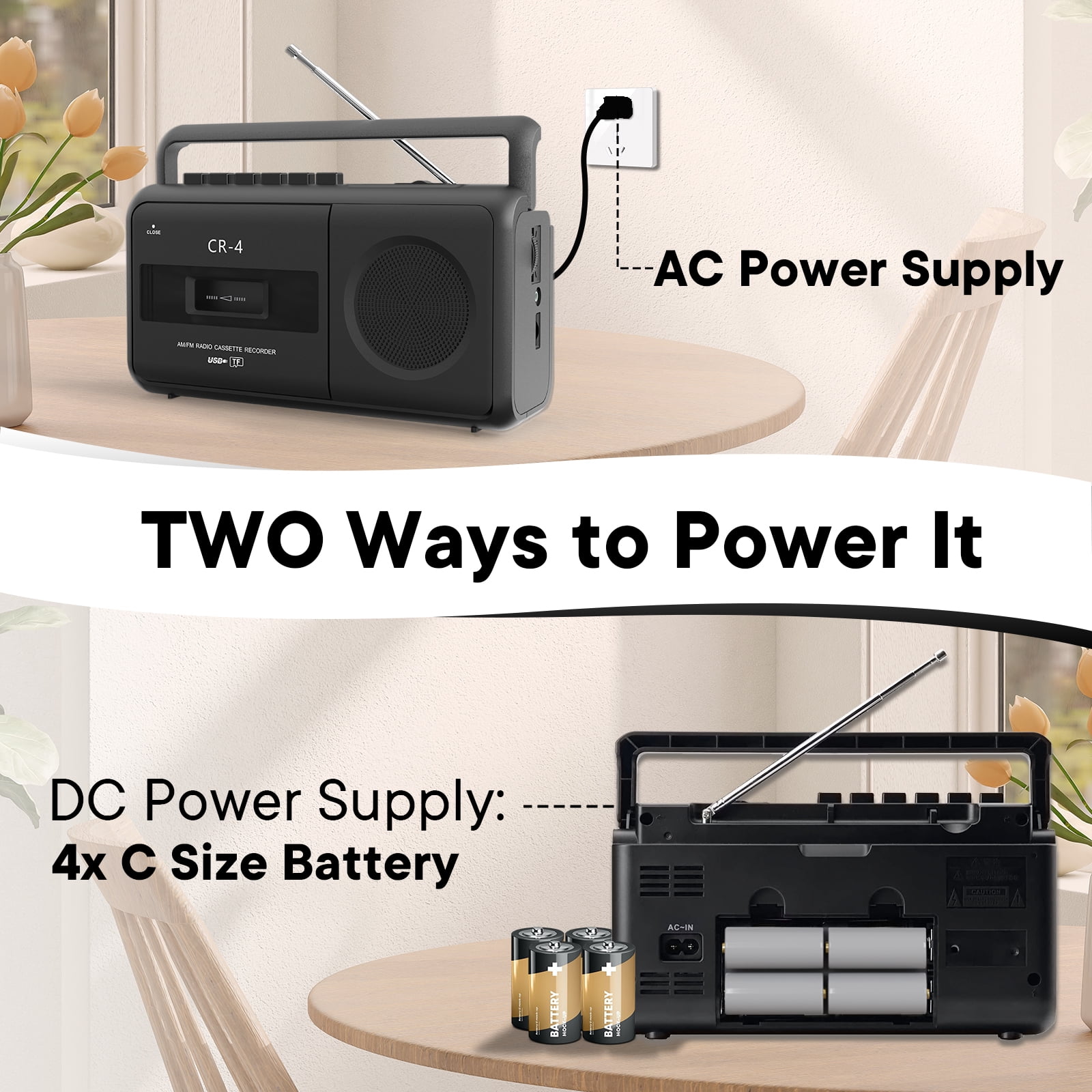 Cassette Player Boombox, Portable AM/FM Radio Stereo, Cassette Tape Player Recorder with Big Speaker and Earphone Jack, Battery Operated or AC Powered