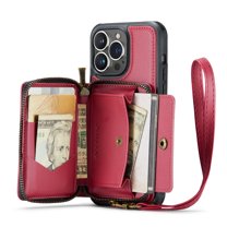 iPhone 14 Pro Max Wallet Case with Strap,  Magnetic Back Zipper Case with RFID Card Holder, Leather Handbag Case for Women Protective Case Compatible with iPhone 14 Pro Max, Red