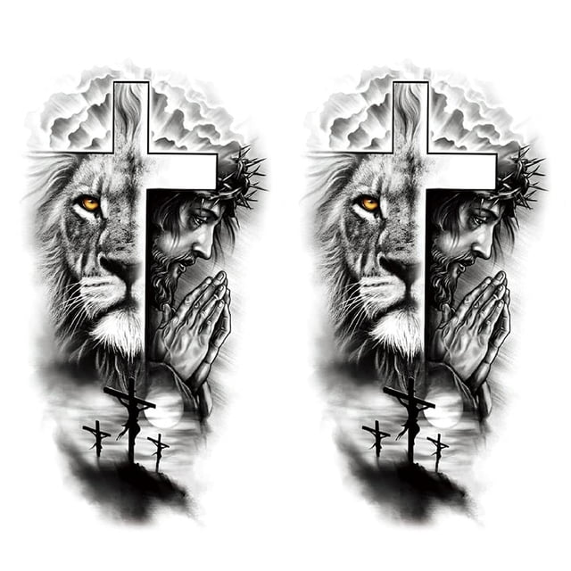 tatuaje brazo animal 3d corporal pegatina impermeable león para hombres y mujeres Juego de dos tatuajes temporales 21 x 14.8 cm con un león en escala de grises con ojos amarillos, una cruz central y la figura de Jesús orando con corona de espinas; transferencia de agua, pensado para brazo, pecho o espalda y fácil de aplicar y quitar.