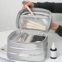 Large Capacity Makeup Organizer Tote Bag | Soft Cloth Cosmetic Case, Exquisite Design, Travel Storage Pouch, Black/Pink/Silver, 9.06x6.5x6.1 in, Lightweight, Versatile Use