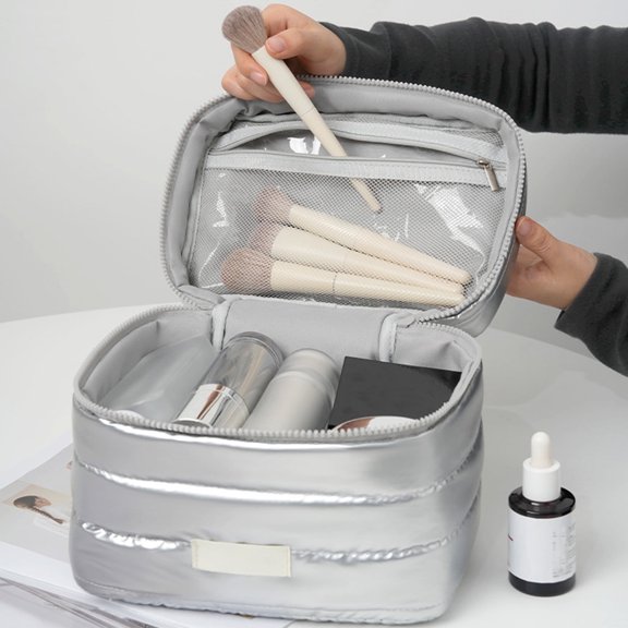 Large Capacity Makeup Organizer Tote Bag | Soft Cloth Cosmetic Case, Exquisite Design, Travel Storage Pouch, Black/Pink/Silver, 9.06x6.5x6.1 in, Lightweight, Versatile Use