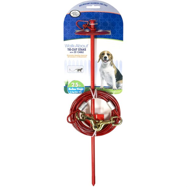 Four Paws Roam About Dog Tie Out Stake with Cable Red 25 Feet PDS