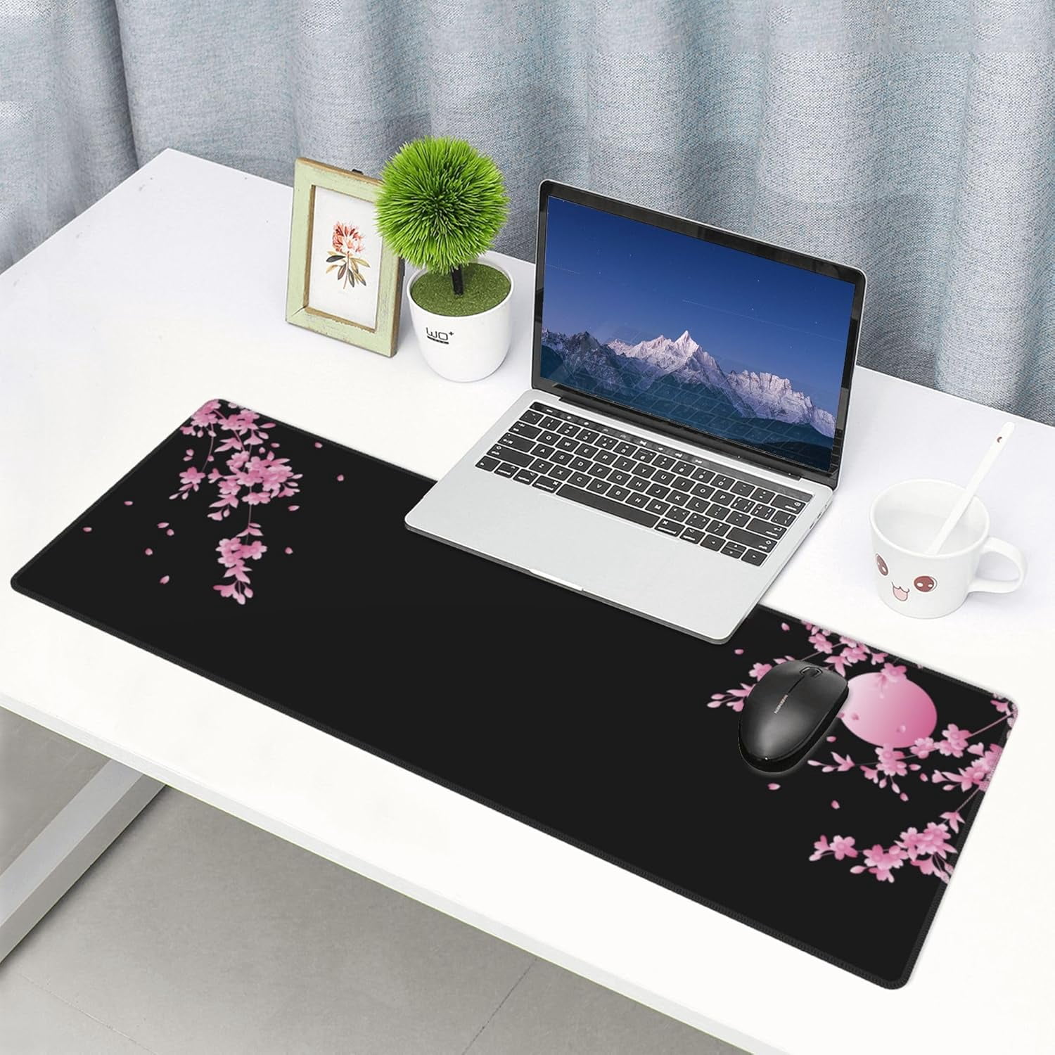 Japanese Cherry Blossom Gaming Mouse Pad Black Desk Mat, Long 31.5x11.8 Inch, Extended Big Desk Pad, Pink Flower Mousepad, NonSlip Base, Stitched Edges for Work Gaming Office