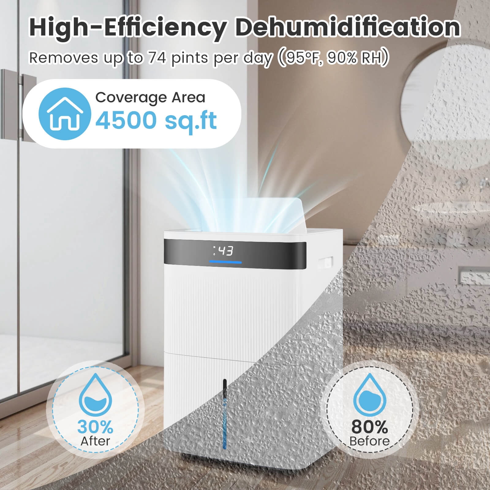 Costway 22-Pint(DOE) Dehumidifier with 3-Color Indicator For Home  6000 Sq.Ft  Coverage Area (MAX 74Pint at 95°F, 90%RH)