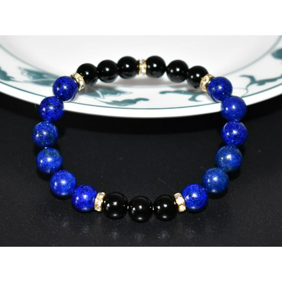 Natural Lapis Lazuli & Black Tourmaline 8mm Round Shape Smooth Cut Beads Stretchable Bracelet for Men & Women.