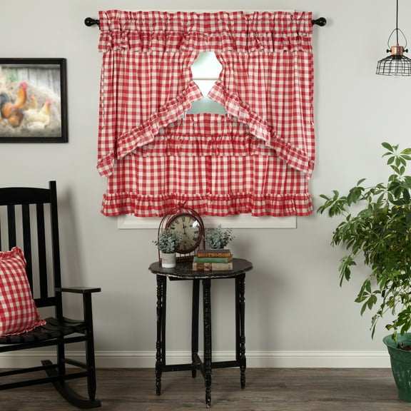 VHC Brands Annie Buffalo Check 4 PC Country Red Ruffled Curtain Set (2 Prairie Swag 36x18 and 2 Tier 24x36)
