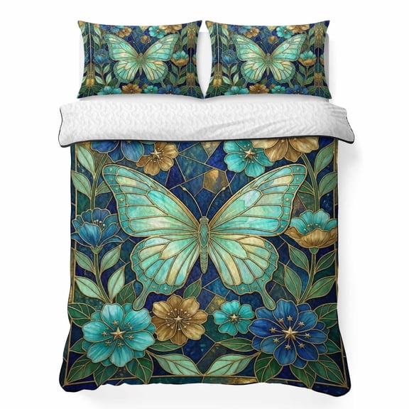 Quilts Full Size Bedding Set, Turquoise Glass Butterflies Lightweight Quilted Comforter, Luxury Bronze Floral Marble Soft Reversible Bedspread Coverlet with Pillow Covers for All Season, 78" x 90"