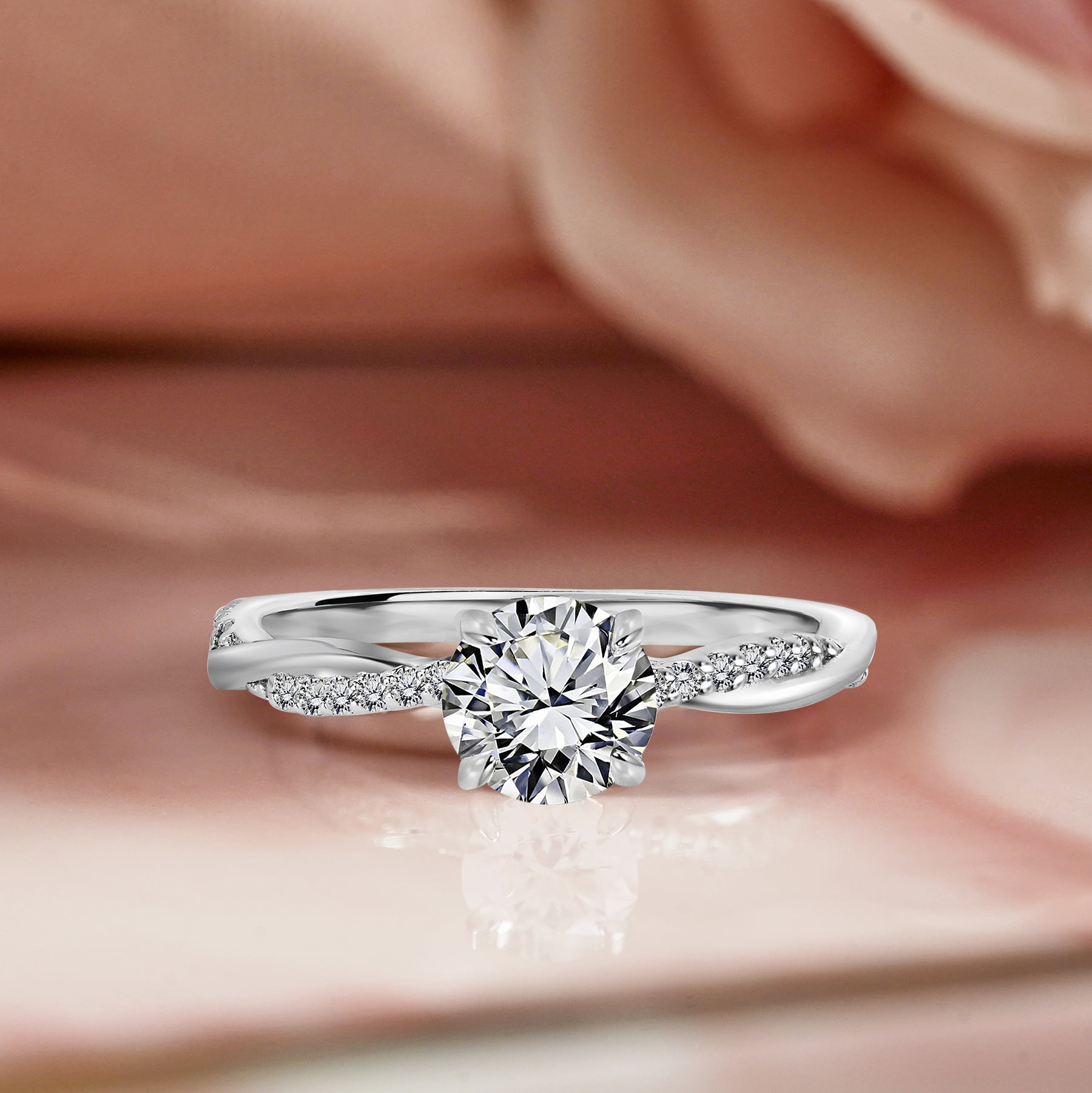 JeenMata Cathedral Prong 1 Carat Round Shaped Moissanite Half Pave Infinity Twisted Shank Engagement Ring In 18K White Gold Plating Over Silver