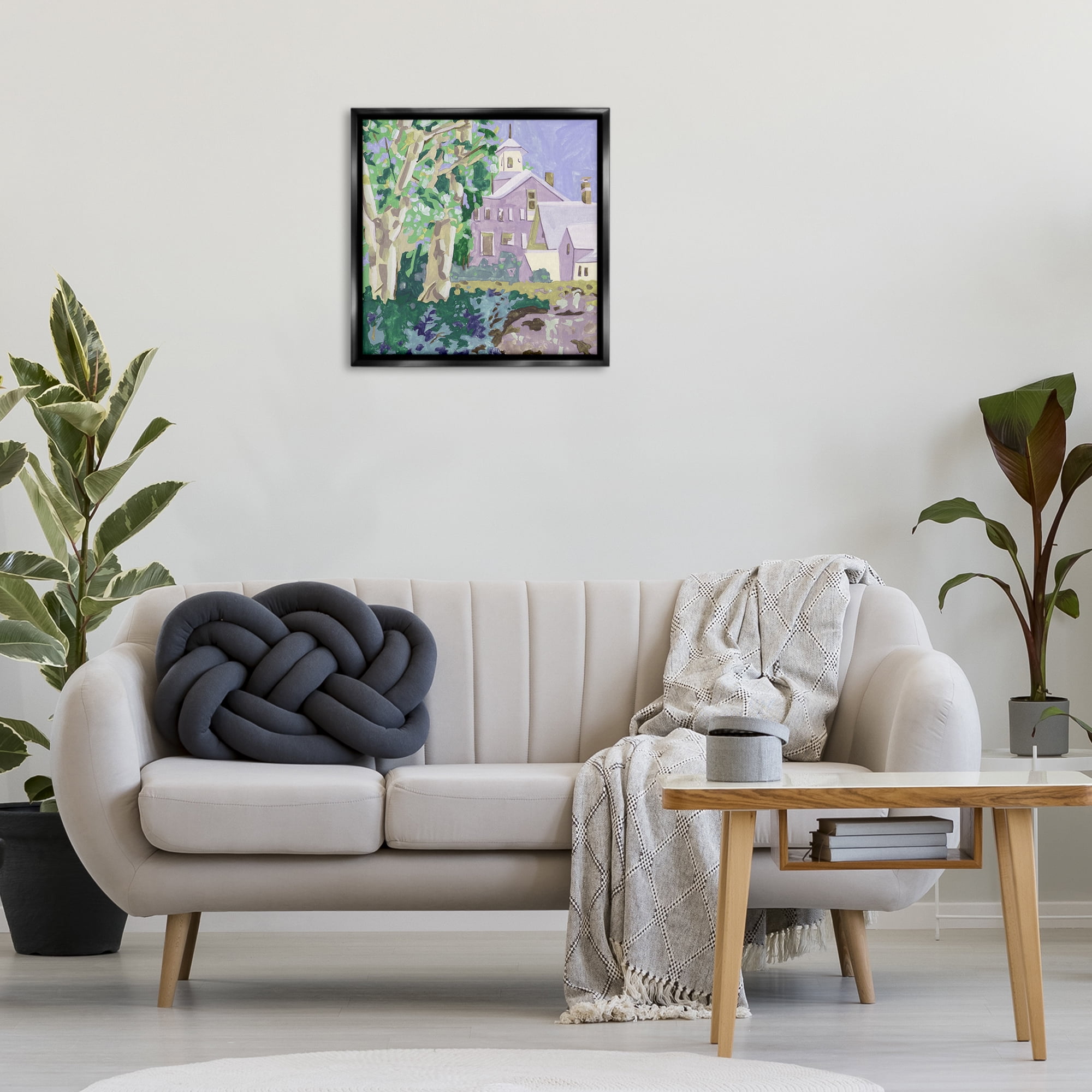 Stupell Industries Town Church Through Trees Buildings & Architecture Painting Black Floater Framed Canvas Art Print Wall Art, 25 x 25