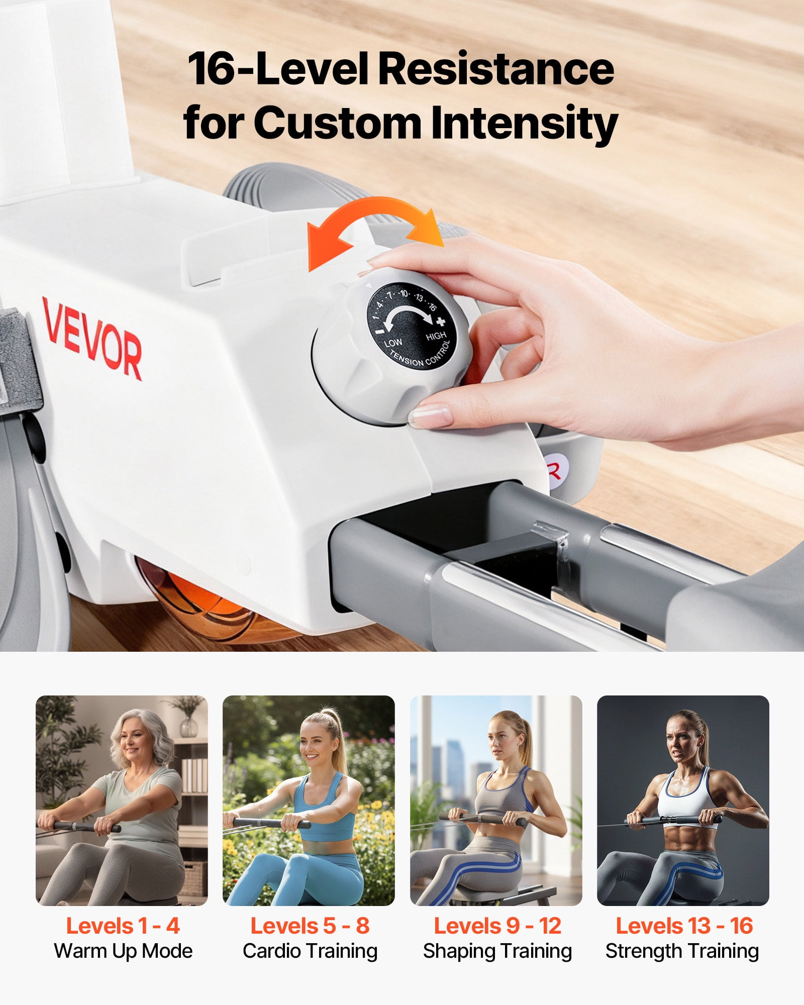 VEVOR Magnetic Rowing Machine,16-Level Quiet Resistance Adjustable, Foldable Rower Machine for Home, 350 LBS Weight Capacity, Row Machines with Dual-Slide Rail, Bluetooth APP Compatible & LCD Monitor