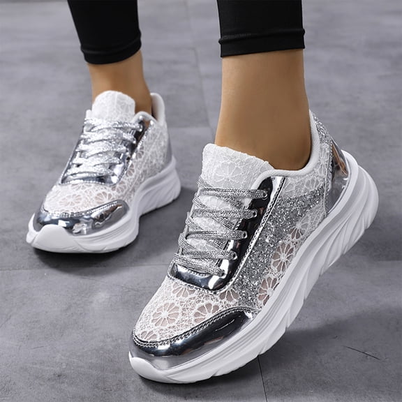Willtoo Women Breathable Lace Mesh Lace Up Platform Sneakers Low Top Platform Heel Casual Shoes Lightweight Non Slip Round Toe Glitter Fashion Footwear