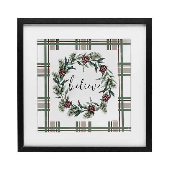 Stupell Industries Believe Wreath on Green Plaid Black Framed Print Under Glass design by Elizabeth Tyndall, 13 x 13