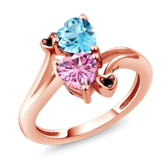 Gem Stone King 18K Rose Gold Plated Silver Swiss Blue Topaz Pink Moissanite and Black Diamond Ring for Women (1.78 Cttw, Heart Shape 6MM, Gemstone November Birthstone, Size 9)