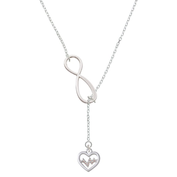 Delight Jewelry Silvertone Heart with AB Crystal Heartbeat Silver tone Elegant Infinity Lariat Necklace