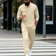 thumbnail image 4 of Men's 2 Piece Plaid Jacquard Track Suit - Quarter Button Polo Sweatshirt & Jogger Pants Set,Beige,3X-Large, 4 of 8
