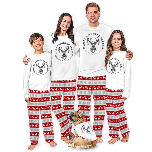 Jolly Reindeer Acres Matching Family Christmas Pajamas With Dog, Red Fair Isle Holiday PJs, Plus Sizes, With Pockets