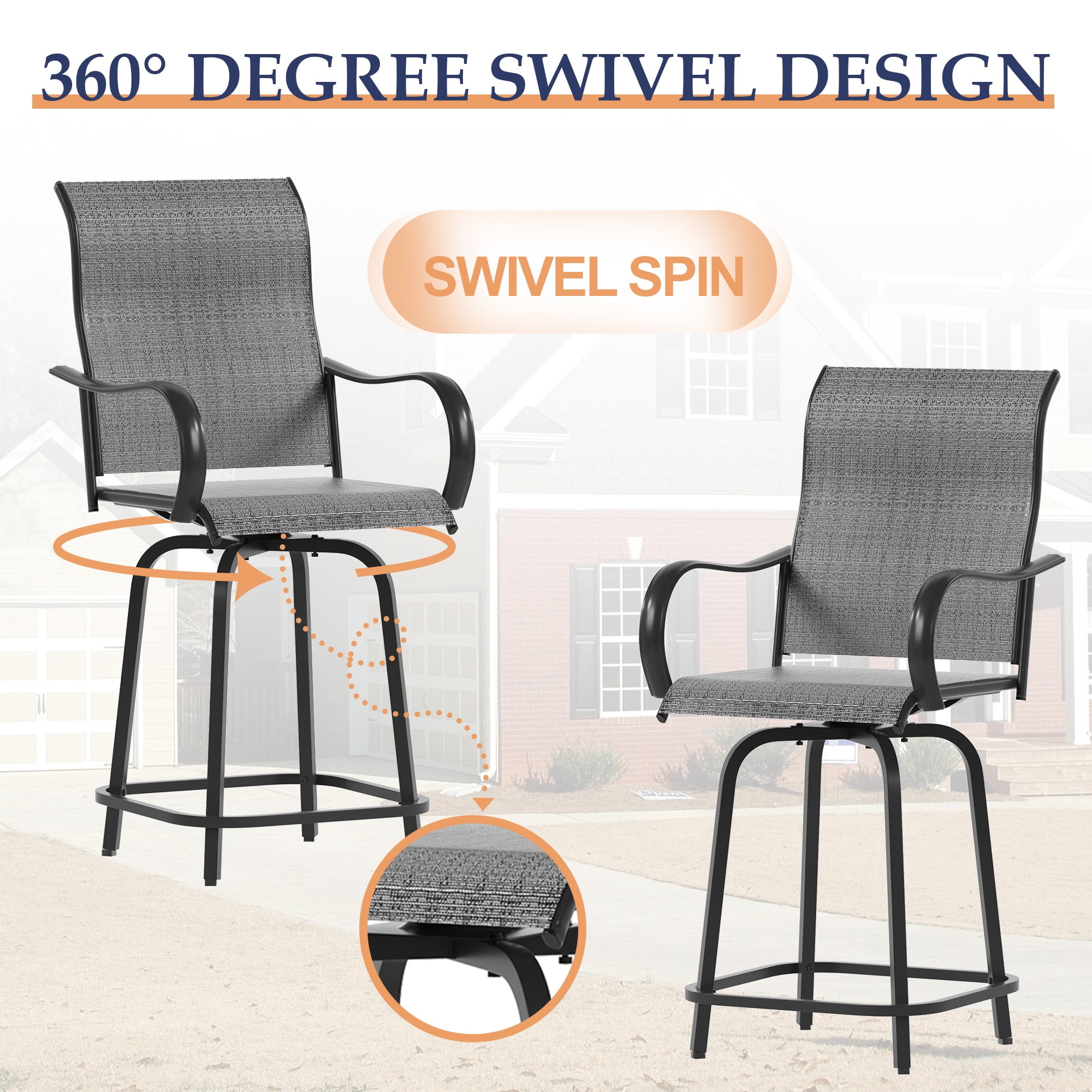 ELPOSUN Swivel High Back Outdoor Bar Stools - Set of 2, Dark Gray