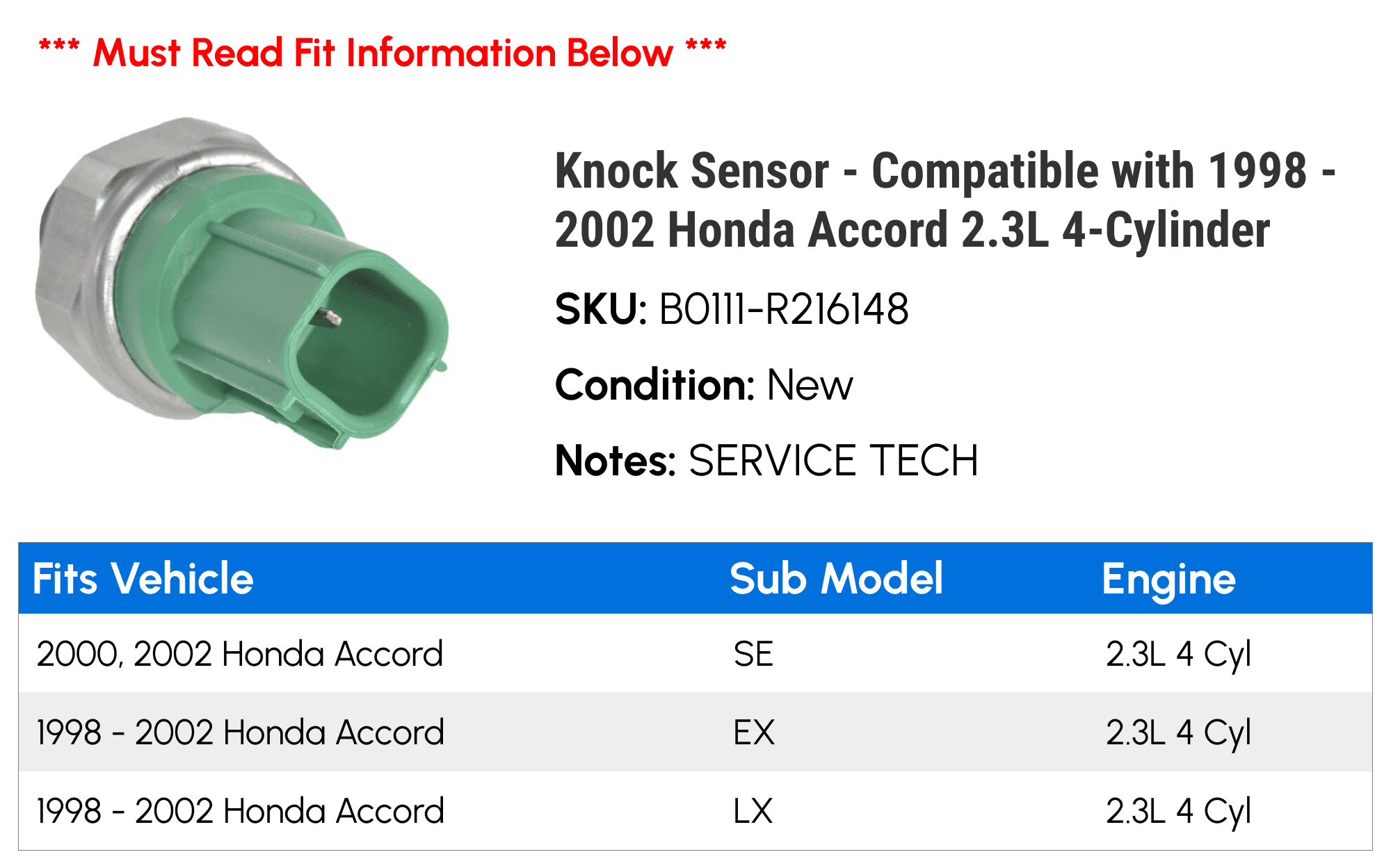 Knock Sensor - Compatible with 1998 - 2002 Honda Accord 2.3L 4-Cylinder 1999 2000 2001