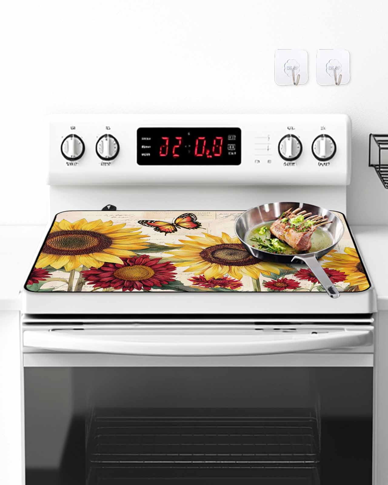 Stove Top Covers for Electric Stove, Sunflower Glass Stovetop Cover Protector, Farmhouse Rose Floral Vintage Butterfly Induction Cooktop Protector Oven Mat for Kitchen Countertop 24"x21"