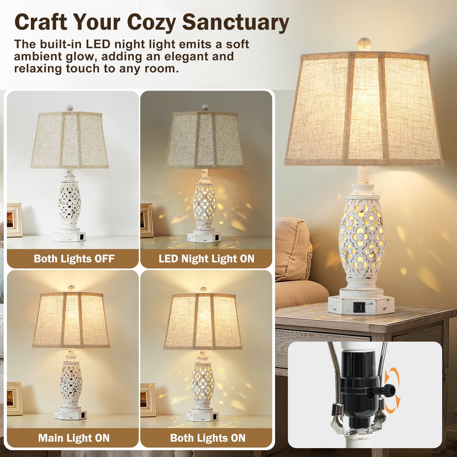 NATYSWAN 23.5" Lamps for Night Stands Set of 2 with USB A+C and Nightlight - Rustic Farmhouse Table Lamp for Bedrooms, End Tables, Living Room - French Country Decor, Bulbs Included.