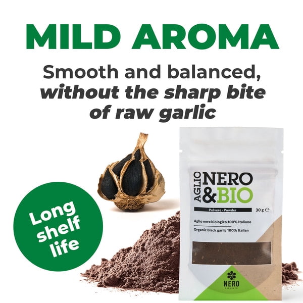 Nero Fermento Organic Black Garlic Powder, 30gr – Produced by Natural Fermentation of “Voghiera Garlic” bulbs. Vegan (Pack of 3)