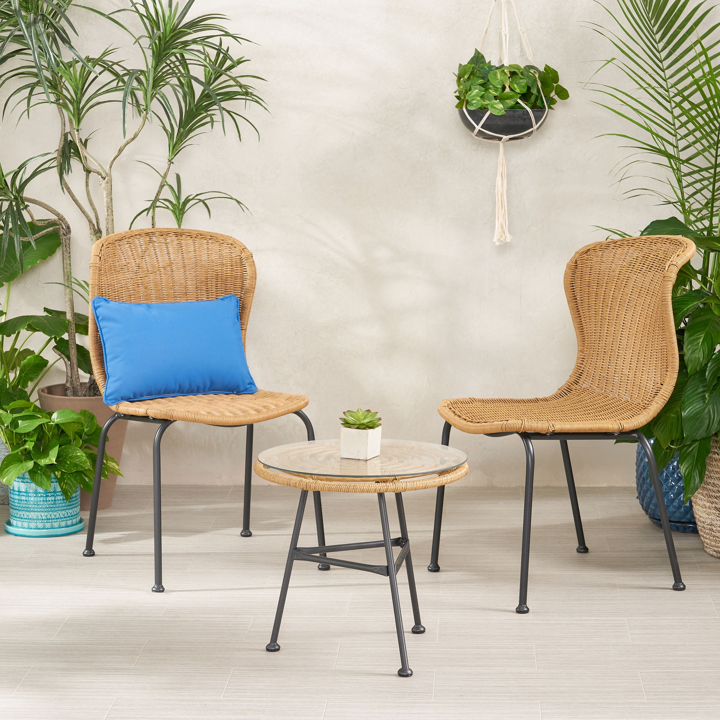 Kaceon Outdoor Boho Wicker 3 Piece Chat Set, Light Brown and Black