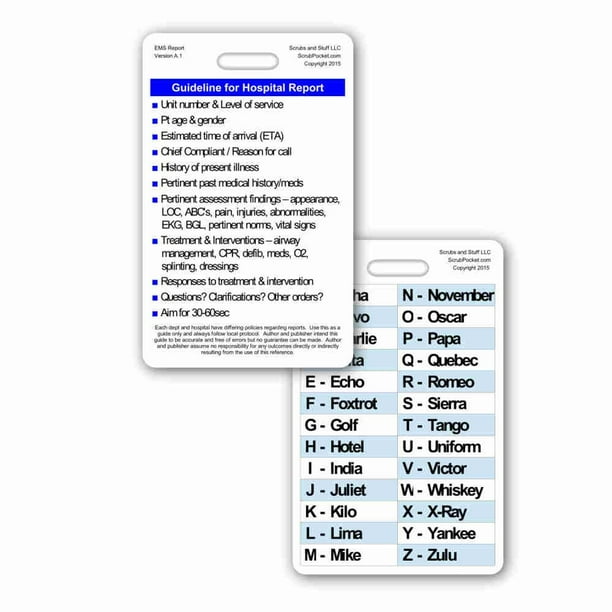 Tarjeta de Identificación Guía de Reporte Hospitalario y Alfabeto Fonético Pack 5