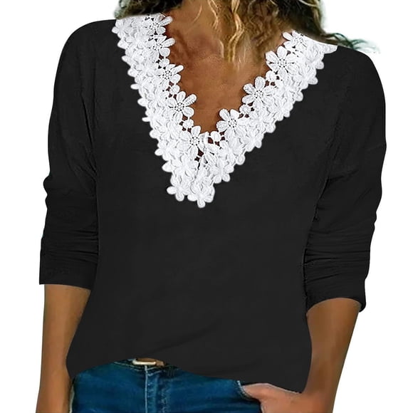 SNKSDGM Women Long Sleeve Blouses and Tops White Long Sleeve Shirts for Women Cropped Women's Fashion Fall Gradient Tops Long Sleeve Lace Trim V Neck Casual Shirts Basic Tees Loose Fit Tunic Blouses M