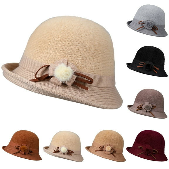 Baberdicy Women's Wool Felt Cloche Hat, Winter Round Top Fisherman Bucket Cap, Vintage Style Dress Hat,Beige M