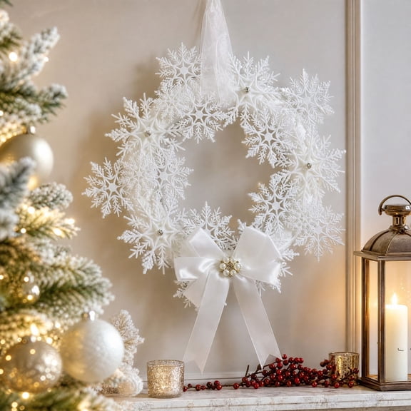 Sulaicai Snowflake Wreath, Artificial Winter Door Decoration with Bow and Pearl Accents, Faux Floral Hanging Garland for Window Mantel Wall