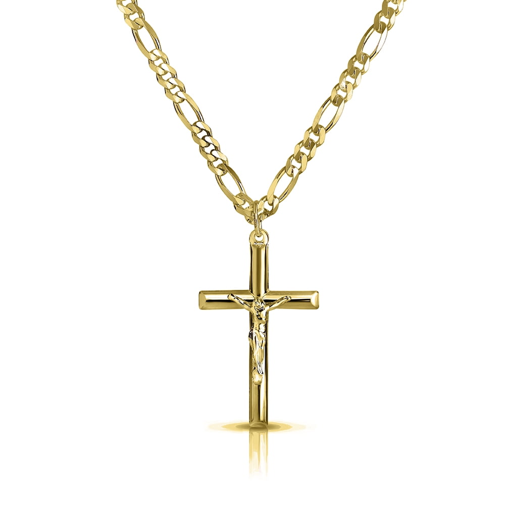 Crucifix Cross Pendant Pink Sapphire CZ 18K Yellow Gold GP Necklace 18" Chain