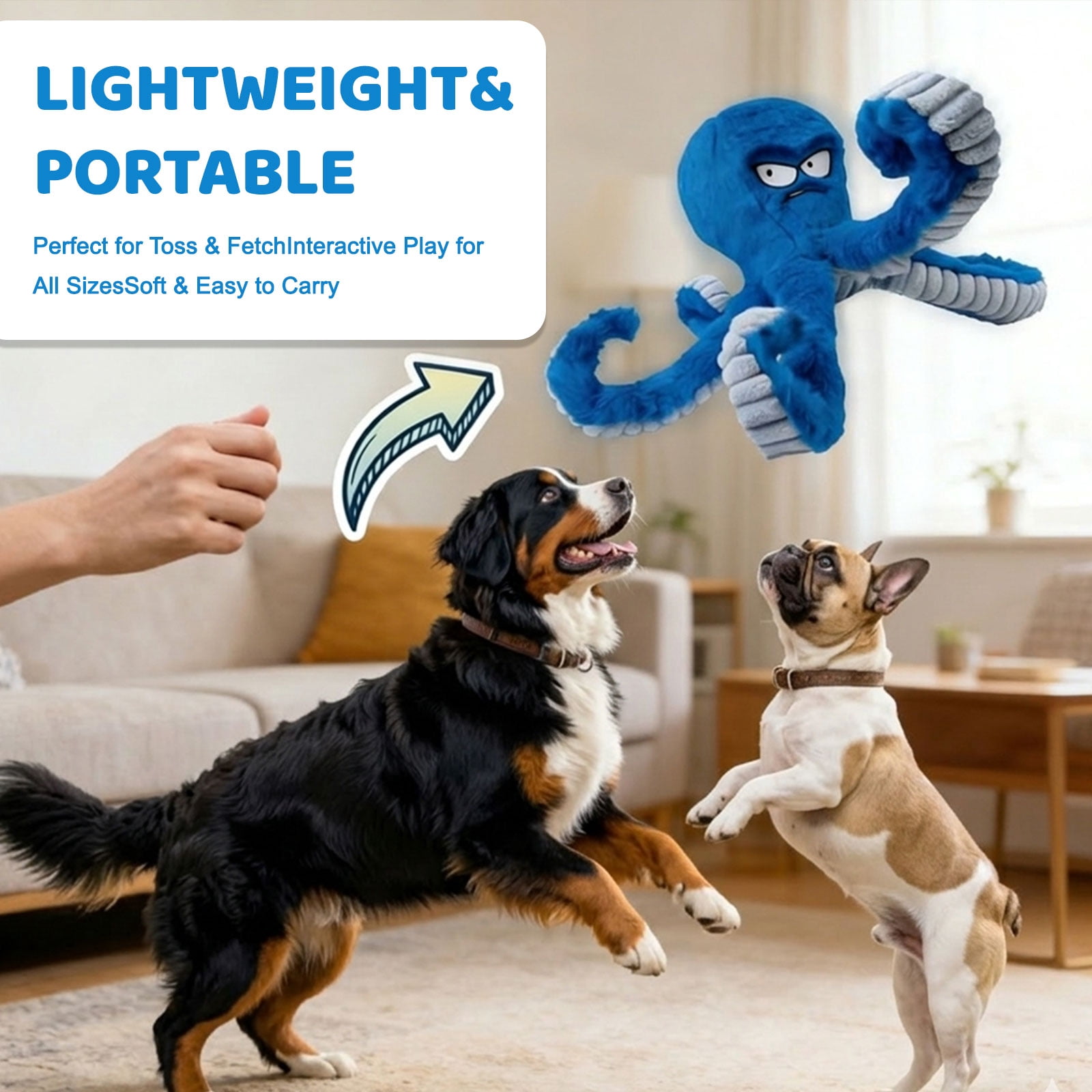 Tough Dog Toys, Stuffed Chew Large Dog Toys to Keep Them Busy, Interactive Squeaky Tug of War Doggie Toy, Crinkle Blue Octopus
