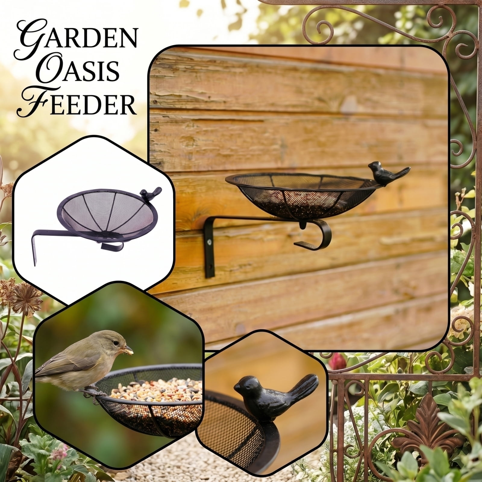 StlyGar Pole Mount Bird Feeder 8" Mesh Birdseed Tray for /Balcony/Porch Wildbird Feeding Large Clamp(3" ) Platform Bird Feeder