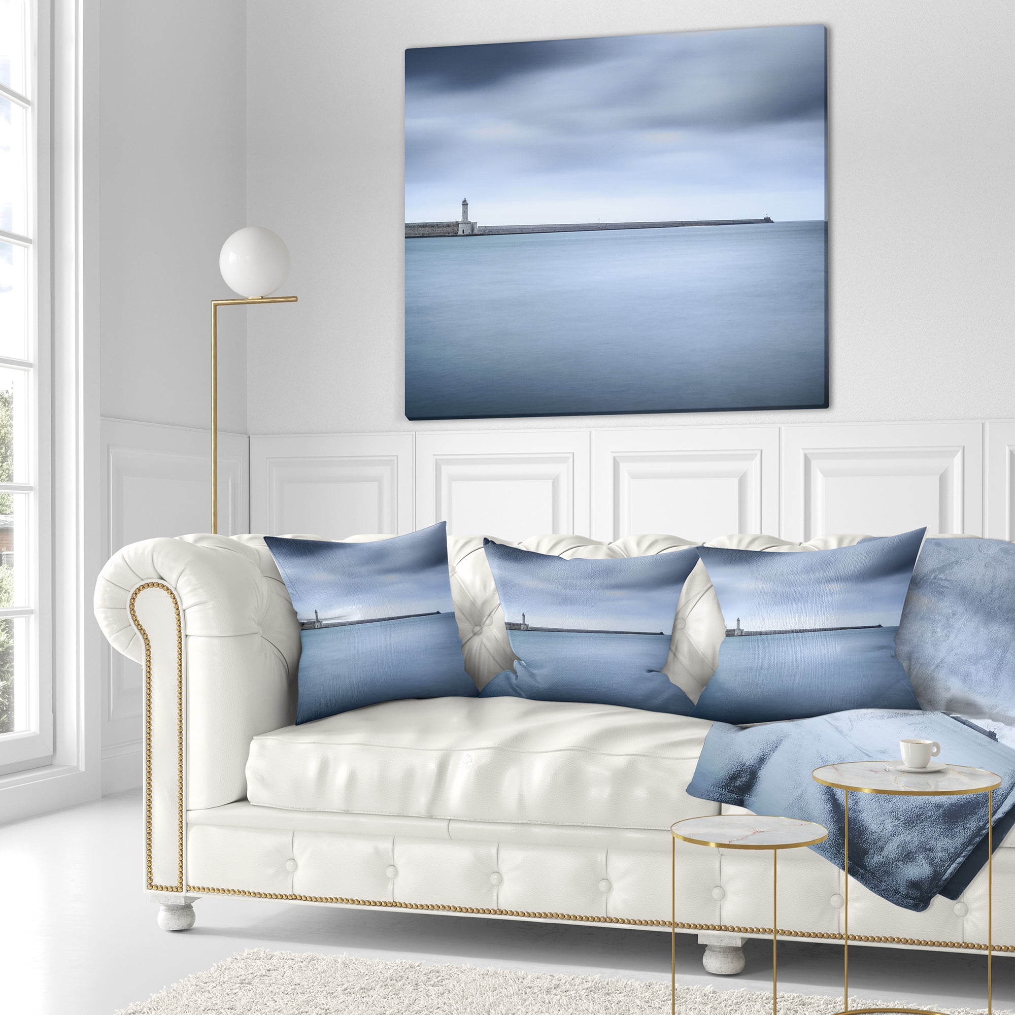 Designart Breakwater and Soft Water under Clouds - Landscape Wall Throw Pillow - 18x18